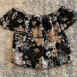!Black BOHO Rose Off Shoulder Crop Top Shirt Womans